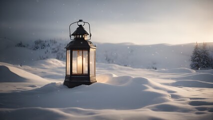 lantern in the snow. A lantern in the middle of a pile of snow a still life.