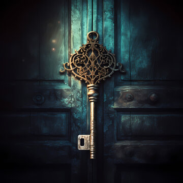 Conceptual image of a key unlocking a mysterious door
