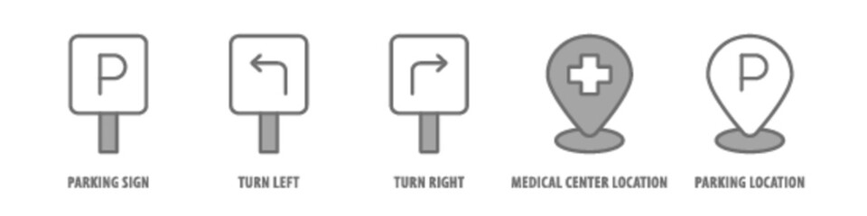 Parking location, Medical center Location, Turn Right, Turn left, Parking Sign editable stroke outline icons set isolated on white background flat vector illustration.