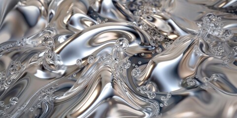 An intricate, high-resolution image showcasing a dynamic and fluid texture with glistening shades of metallic silver and chrome, creating a visually captivating abstract landscape with swirling patter
