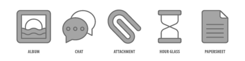 Paper, Sheet, Hourglass, Attachment, Chat, Album editable stroke outline icons set isolated on white background flat vector illustration.