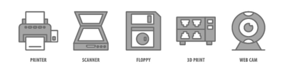 Web Cam, 3D Print, Floppy, Scanner, Printer editable stroke outline icons set isolated on white background flat vector illustration.
