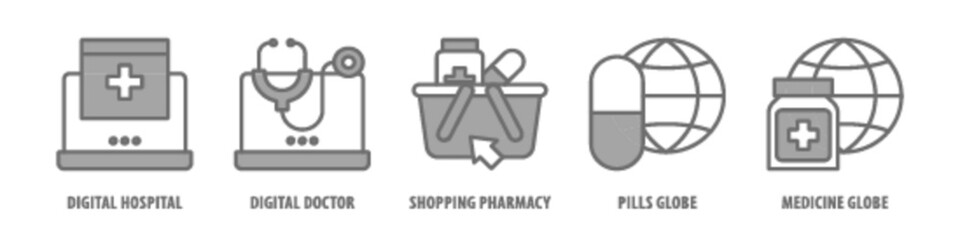 Fototapeta premium Medicine, Globe, Pills globe, Shopping Pharmacy, Digital Doctor, Digital Hospital editable stroke outline icons set isolated on white background flat vector illustration.