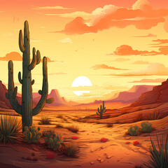 Desert landscape with a cactus at sunset.