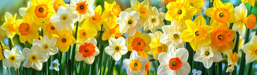 Vibrant Assortment of Spring Daffodils in Full Bloom. Spring flowers. banner