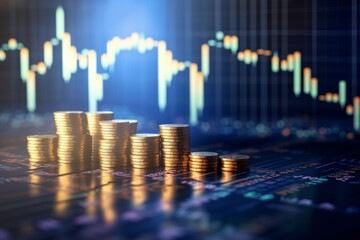 Stacks of gold coins against a financial graph with upward trends, representing investment growth.