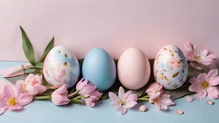 Fototapeta na wymiar image of multi-colored Easter eggs among pink flowers and greenery on a pink pastel delicate background. Easter holiday