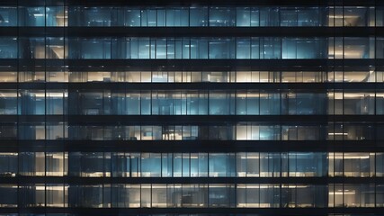 Seamless skyscraper facade with blue tinted windows and blinds at night. Modern abstract office building background texture with glowing lights against dark black exterior walls. - 737337945