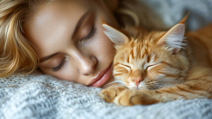 Woman and Ginger Cat Sleeping Peacefully. World Sleep Day concept.