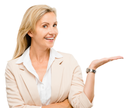 Happy businesswoman, portrait and hand palm for offer or promo deal isolated on png background. Transparent, smile or mature person with gesture for advertising, marketing or sale presentation