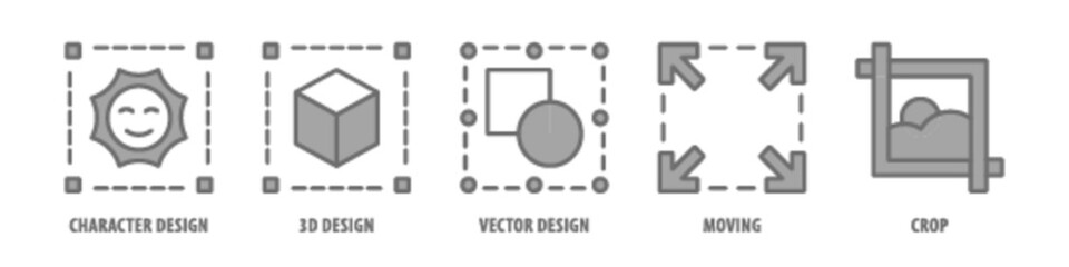 Crop, Moving, Vector Design, 3D Design, Character Design editable stroke outline icons set isolated on white background flat vector illustration.