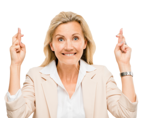 Portrait, hope and fingers crossed with business woman isolated on transparent background for superstition. Face, hands and wish for luck with mature professional employee on PNG for good fortune