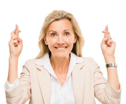 Portrait, hope and fingers crossed with business woman isolated on transparent background for superstition. Face, hands and wish for luck with mature professional employee on PNG for good fortune - Powered by Adobe