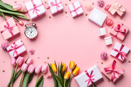 photo frame gift boxes, bunches of tulips, alarm clock and sprinkles on pastel pink background, mothers day concept