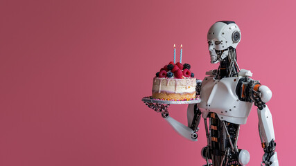 Fototapeta premium An automaton robot action figure celebrates with a cake adorned with flickering candles, embodying the perfect blend of imagination and technology