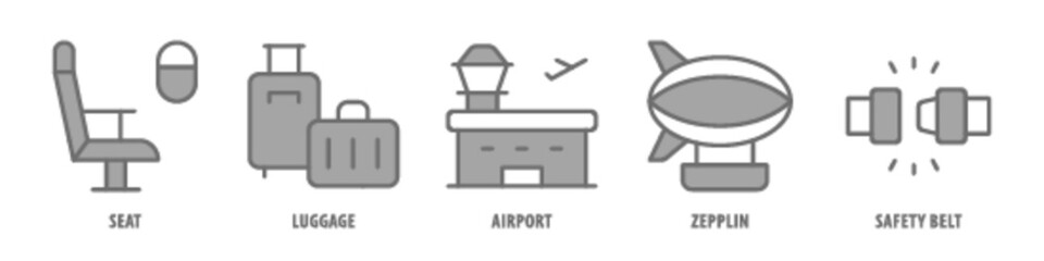 Safety Belt, Zeppelin, Airport, Luggage, Seat editable stroke outline icons set isolated on white background flat vector illustration.
