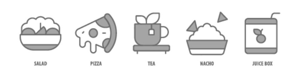 Juice box, Nacho, Tea, Pizza, Salad editable stroke outline icons set isolated on white background flat vector illustration.
