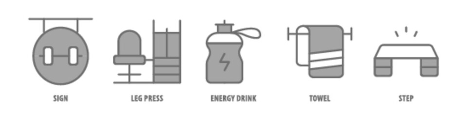 Step, Towel, Energy Drink, Leg Press, Sign editable stroke outline icons set isolated on white background flat vector illustration.