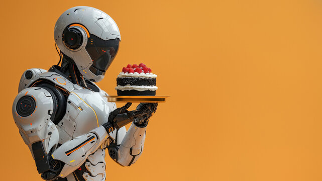 A futuristic automaton proudly presents a delicious cake while showcasing its powerful weaponry and lego-inspired design in an outdoor setting