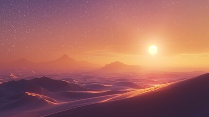 A serene World Ramadan (Begins) scene, featuring a vast desert landscape bathed in the soft glow of the setting sun, with sand dunes stretching into the distance and a clear, star-filled sky
