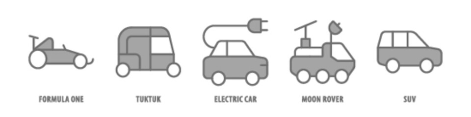 SUV, Moon Rover, Electric Car, Tuk-tuk, Formula one editable stroke outline icons set isolated on white background flat vector illustration.