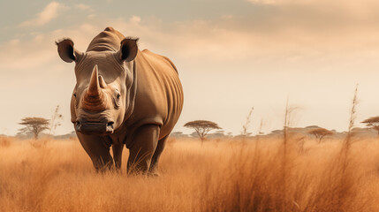 Obraz premium Nashorn in der Savanne bei Sonnenuntergang