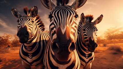 Zebras stehen im hohen Gras, Gruppe von Zebras im Sonnenuntergang in der Savanne - obrazy, fototapety, plakaty