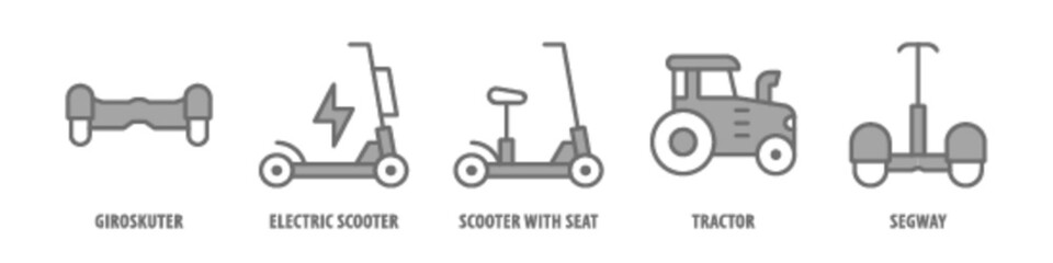 Segway, Tractor, Scooter with seat, Electric scooter, Giroskuter editable stroke outline icons set isolated on white background flat vector illustration.