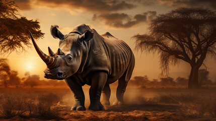 Fototapeta premium Nashorn in der Savanne bei Sonnenuntergang