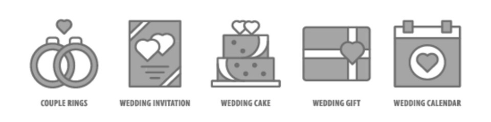 Wedding Calendar, Wedding Gift, Wedding Cake, Wedding Invitation, Couple Rings editable stroke outline icons set isolated on white background flat vector illustration.