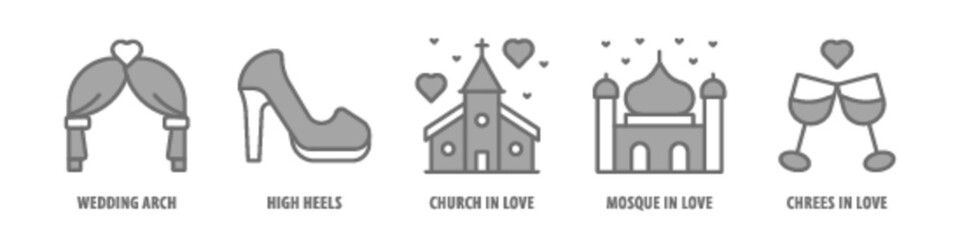 Obraz premium Cheers in Love, Mosque in Love, Church in Love, High Heels, Wedding Arch editable stroke outline icons set isolated on white background flat vector illustration.