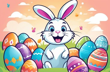 Obraz na płótnie Canvas Happy Easter bunny with many colorful Easter eggs. the rabbit smiles. style illustration