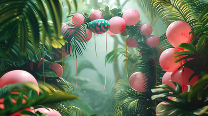 arco com balões rosa e verdes tema aniversário de menina plantas tropicais  - obrazy, fototapety, plakaty