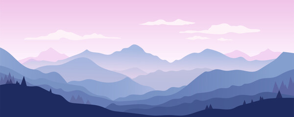 Panoramic mountain landscape in lavender colors. Beautiful high mountains, mountain peaks and their silhouettes in the fog, trees, clouds, sky in purple and pink colors. Vector illustration.