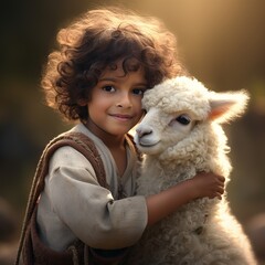 illustration of latin kid playingwith alpaca high resolution photogr, Generative ai