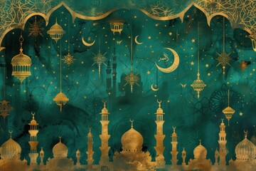 An Arabian night scene with silhouettes of mosques and golden lanterns against a starry teal sky.