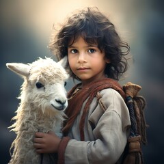 illustration of latin kid playingwith alpaca high resolution photogr, Generative ai