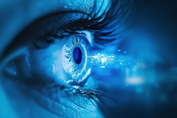 Close-up of a cyber eye with neon blue chips inside the iris and lens. 