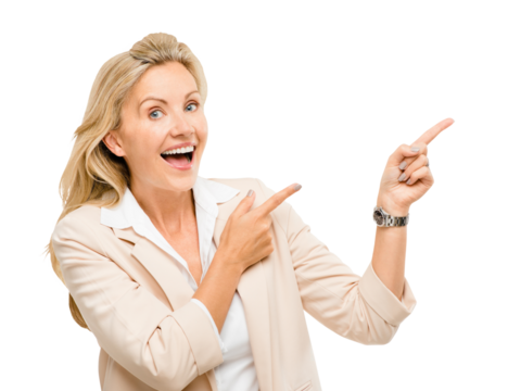 Portrait of businesswoman, excited or pointing for offer or promo deal isolated on png background. Transparent, lady or happy mature person with smile for advertising, marketing or sale presentation