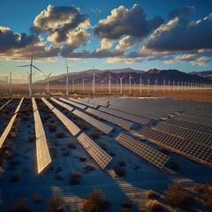 Solar and Wind Farm In Desert. Solar panels lined on the ground with wind turbines renewable energy