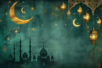 An Arabian night scene with silhouettes of mosques and golden lanterns against a starry teal sky.