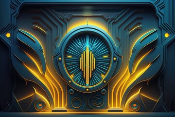 Neon Stage futuristic sci fi blue yellow glowing, Neon portal, door in space ship - obrazy, fototapety, plakaty