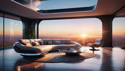 Large living room in futuristic style, Futuristic furniture - obrazy, fototapety, plakaty