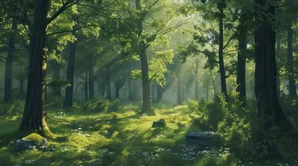 Zelfklevend Fotobehang A serene forest glade with morning sunlight filtering through the trees, capturing the beauty and tranquility of nature © Matthew