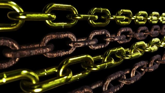 Realistic looping 3D animation of the opposite moving gold chains and rusty weathered steel chains rendered in UHD with alpha matte