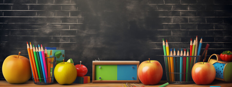 Zur&uuml;ck in die Schule, Kreidetafel mit bunter Kreide, Buntstiften und anderen Schulsachen, Konzept Schulanfang, Einschulung