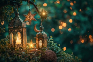 Warm candlelit Ramadan lanterns and hanging stars create a magical scene in a mystical garden at dusk.