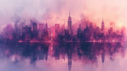 Cityscape with buildings in the foreground in purple colors - obrazy, fototapety, plakaty