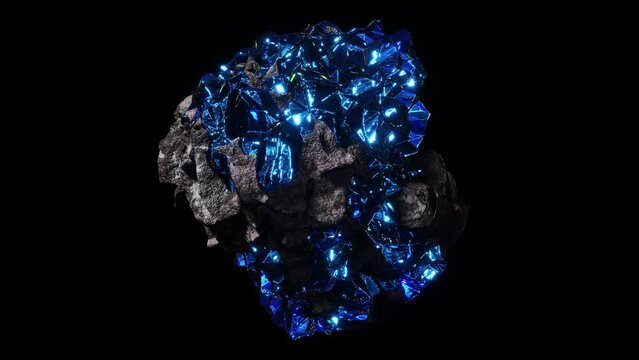 Realistic abstract looping 3D animation of the spinning piece of ore or rock with shining precious blue sapphire or blue gemstone or crystal inclusions rendered in UHD with alpha matte