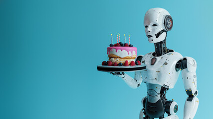 Naklejka premium An automaton made entirely out of colorful lego pieces holds a beautifully decorated birthday cake, ready to bring joy and delight to its human creator